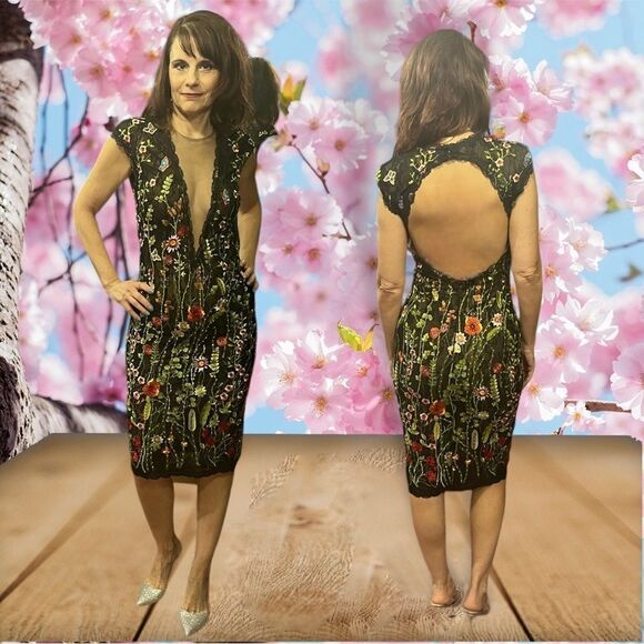 Jovani Sheer Embroidered Over Lace Plunging Neck Cocktail  Dress Whimsical Gothi - Picture 3 of 11